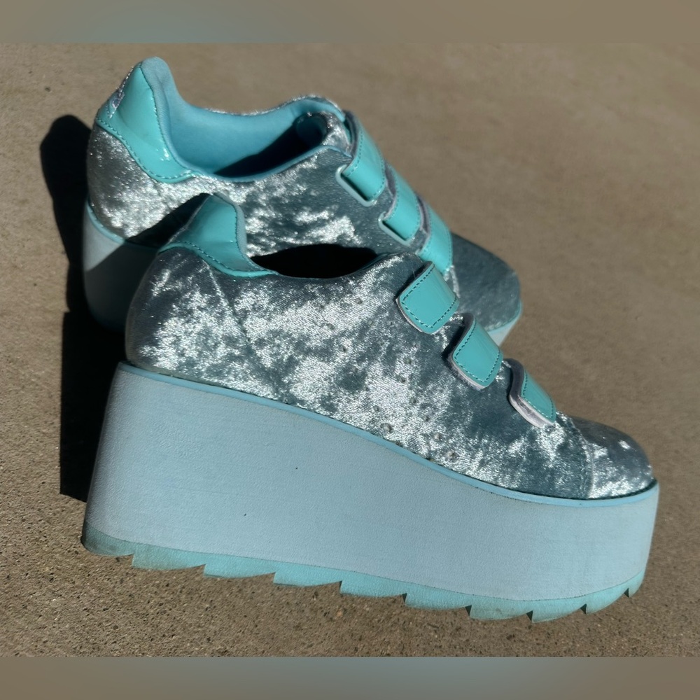 YRU BBY BLUE VELVET PLATFORMS y-r-u blue velvet 3 in platforms